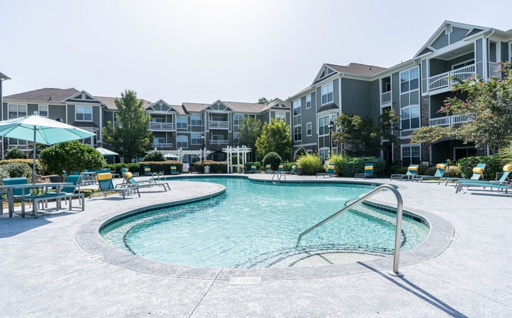 View at Legacy Oaks Apartments Knightdale NC Resort Style Pool Large Sundeck